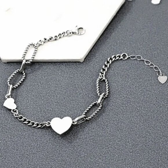 925 Sterling Silver Heart Bracelet Heart Charm Bracelet Paperclip Link Bracelet - Picture 2 of 6